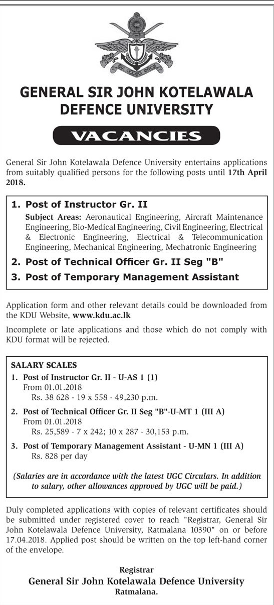 Instructor, Technical Officer, Temporary Management Assistant - General Sir John Kotelawala Defence University